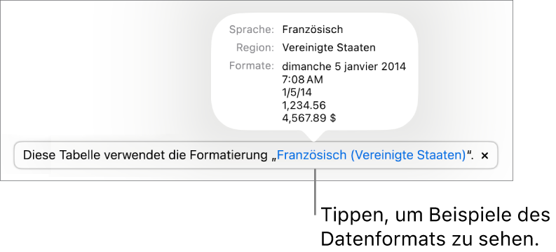 Die Mitteilung zur anderen Sprache und Region mit Beispielen der Formatierung in dieser Sprache und Region.