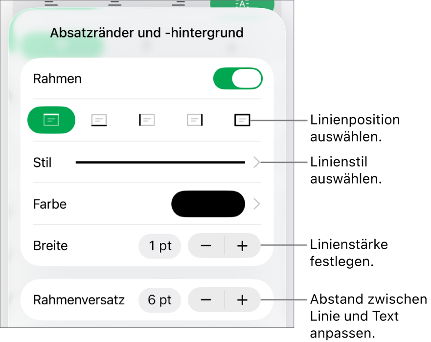 Steuerelemente, um Stil, Stärke, Position und Farbe der Linie zu ändern.