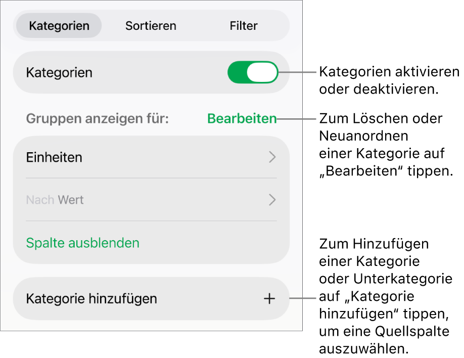 Das Menü „Kategorien“ für iPad mit Optionen zum Deaktivieren von Kategorien, zum Löschen von Kategorien, zum Neugruppieren von Daten, zum Ausblenden einer Quellenspalte und zum Hinzufügen von Kategorien