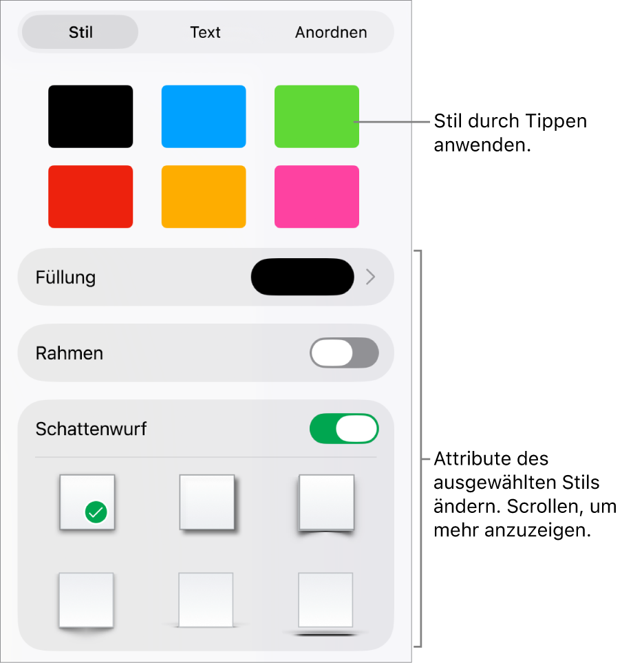 Der Tab „Stil“ des Menüs „Format“ mit Formstilen oben und Steuerelementen zum Ändern der Füllung, des Rahmens und des Schattens darunter.