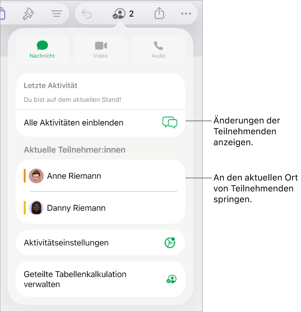 Das Menü „Zusammenarbeiten“ mit einer Liste der aktuellen Teilnehmer:innen.