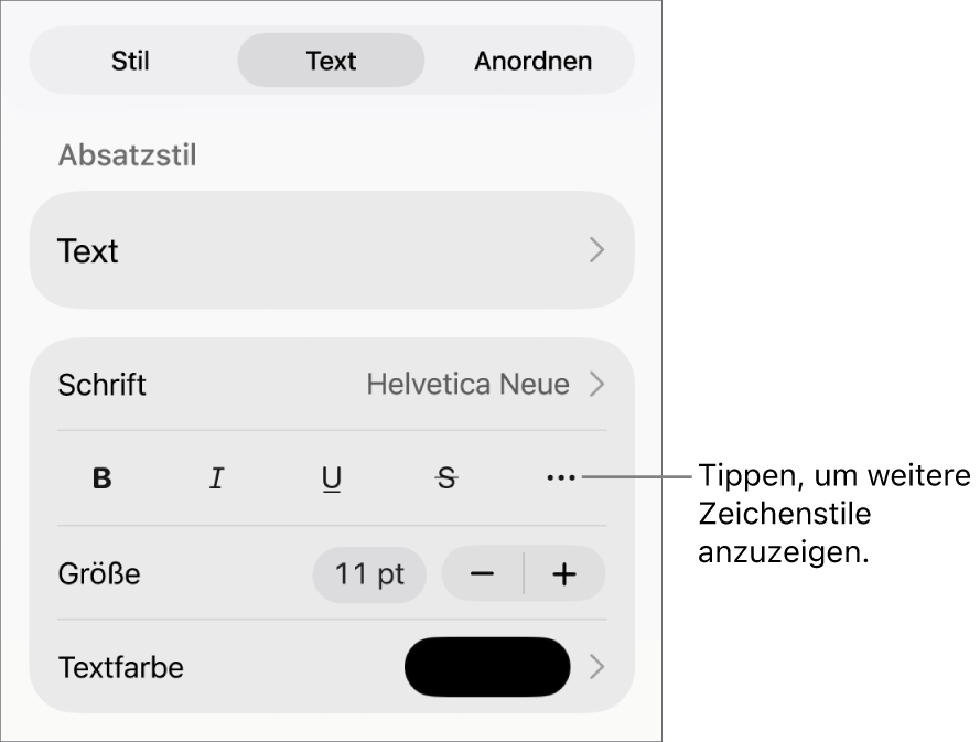 Die Steuerelemente für das Format mit Absatzstilen oben, dann die Steuerelemente für die Schrift. Unter „Schrift“ befinden sich die Tasten „Fett“, „Kursiv“, „Unterstrichen“, „Durchgestrichen“ und „Weitere Textoptionen“.
