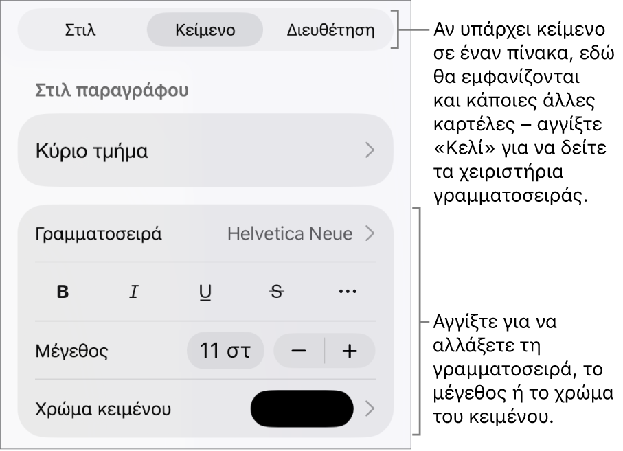 Στοιχεία ελέγχου κειμένου στο μενού «Μορφή» για τον καθορισμό στιλ παραγράφων και χαρακτήρων, γραμματοσειράς, μεγέθους και κειμένου.