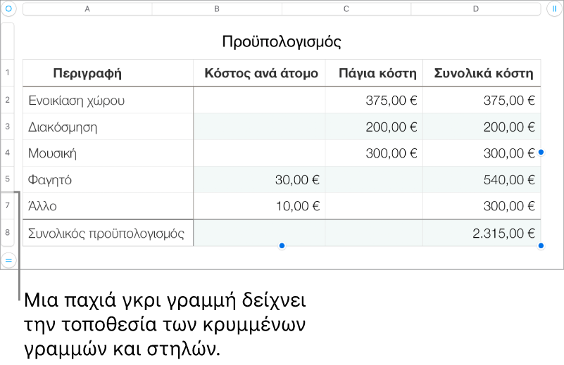Μια παχιά γκρι γραμμή δείχνει τη θέση των κρυμμένων γραμμών και στηλών