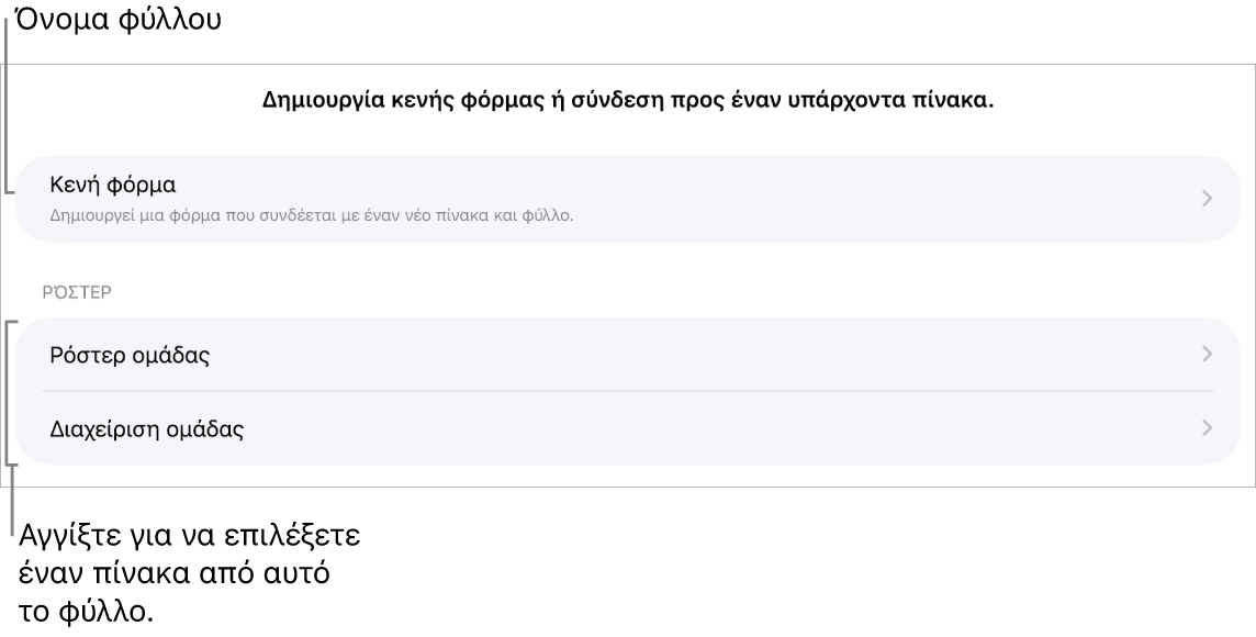 Μια λίστα πινάκων που βρίσκονται στο ίδιο υπολογιστικό φύλλο με την επιλογή δημιουργίας μιας κενής φόρμας στο πάνω μέρος.