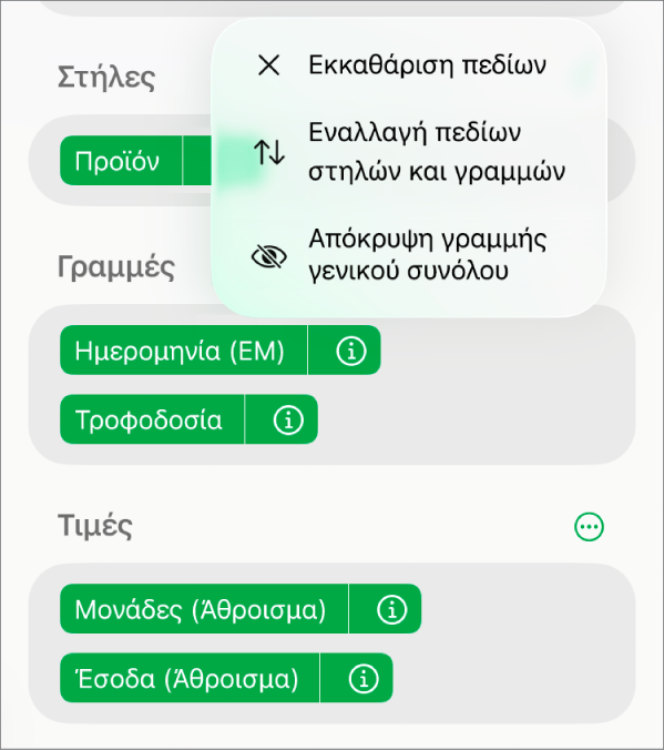 Το μενού «Περισσότερες επιλογές πεδίων» όπου εμφανίζονται τα στοιχεία ελέγχου για απόκρυψη των γενικών συνόλων, το πεδίο «Εναλλαγή πεδίων στηλών και γραμμών» και το πεδίο «Εκκαθάριση».
