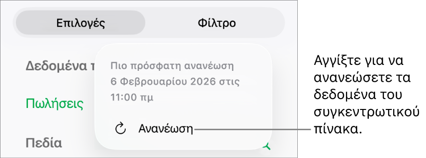 Το μενού «Επιλογές συγκεντρωτικού πίνακα» όπου εμφανίζεται η επιλογή ανανέωσης του συγκεντρωτικού πίνακα.
