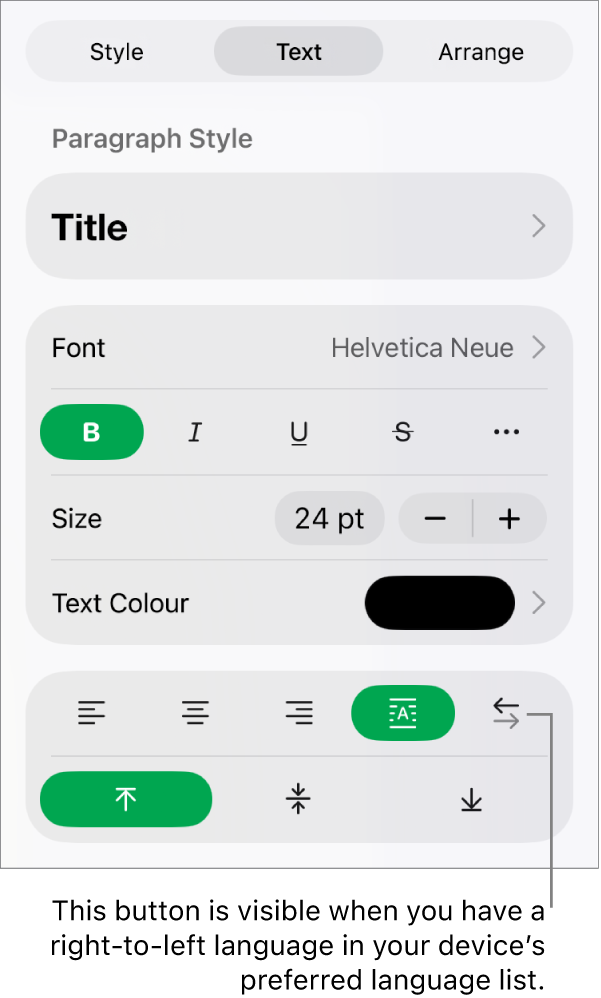 The Style section of the Format menu with a call-out to the Right to Left button.