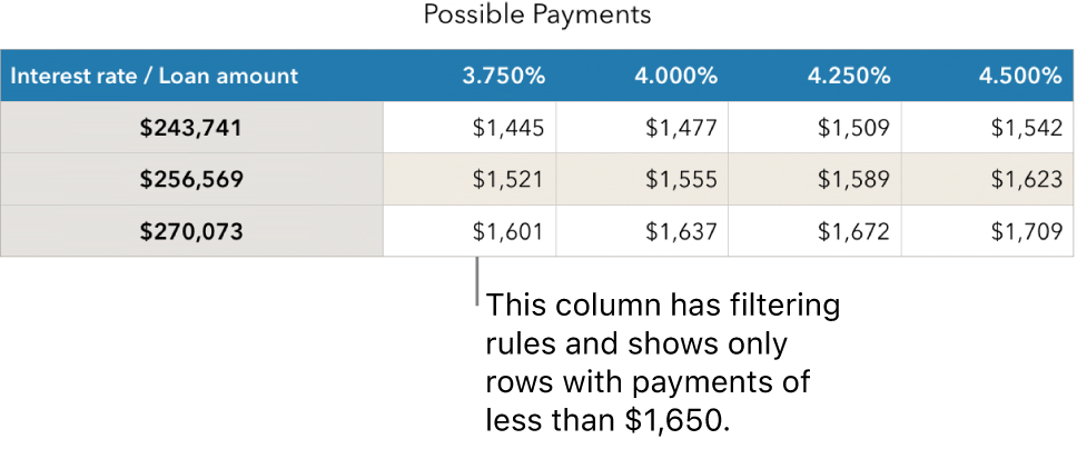 A mortgage table shown after filtering for affordable interest rates.