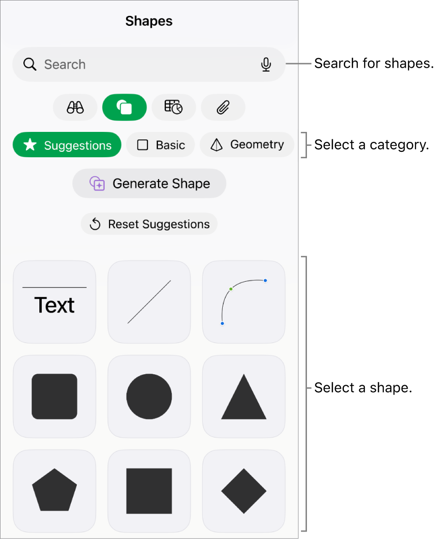 The shapes library, with categories at the top and shapes displayed below. You can use the search field at the top to find shapes and swipe to see more.