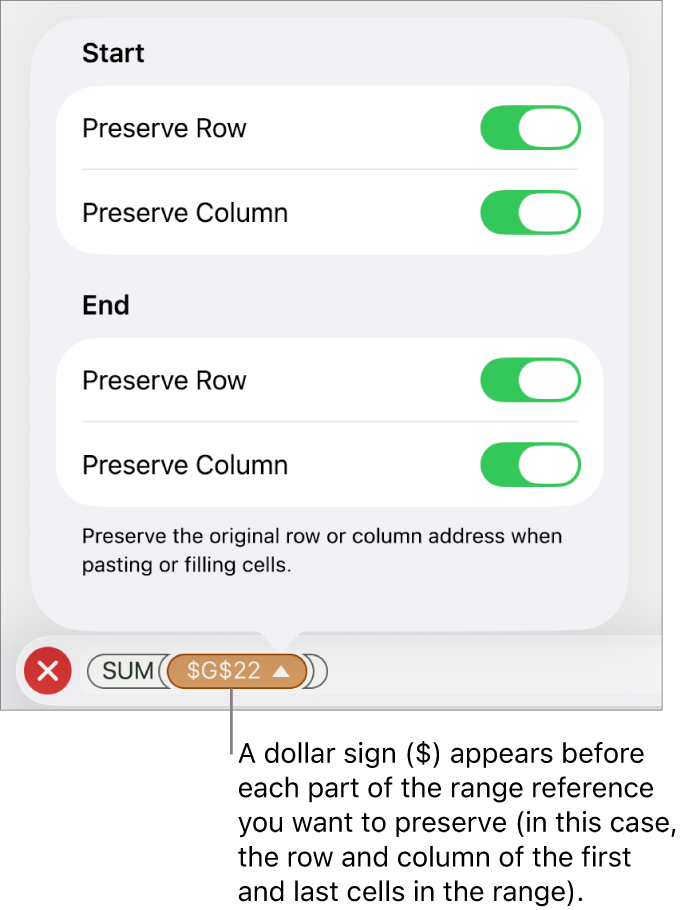 The controls for specifying which of a cell’s row and column references should be preserved if the cell is moved or copied. A dollar sign appears before each part of the range reference you want to preserve.