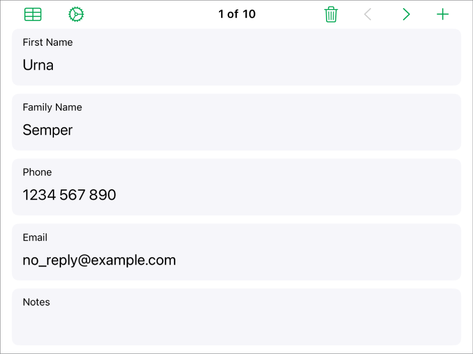One record in a form with fields for name, phone number, email and more. Also, the controls to view the linked table, form set-up controls, and switch between records are at the top.