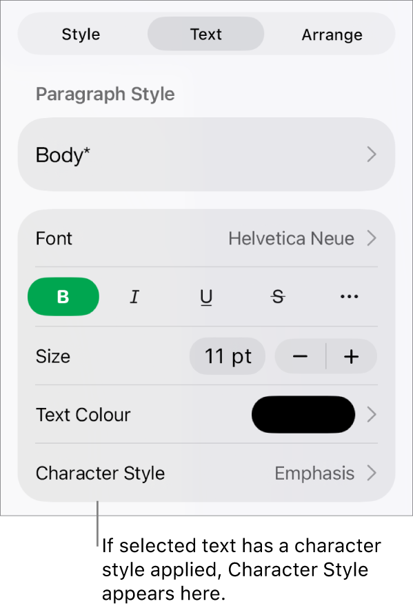 The Text formatting controls with Character Style below the Colour controls. The character style None appears with an asterisk.