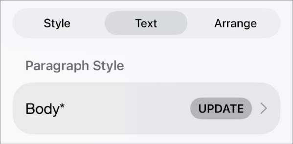 A paragraph style with an asterisk next to it and an Update button on the right.