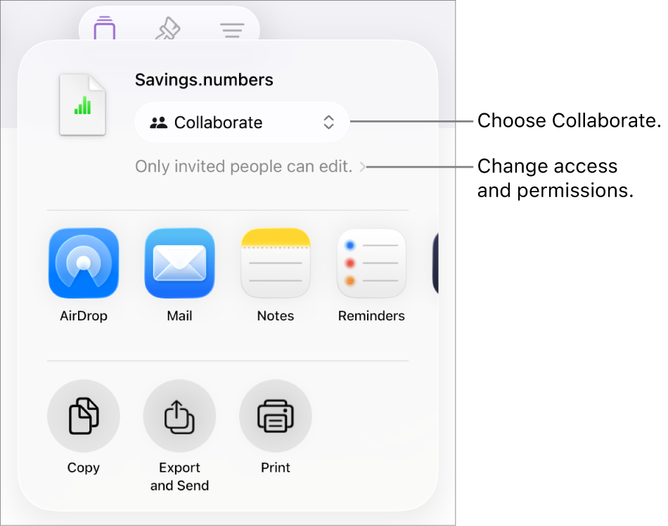 The Share menu with Collaborate selected at the top, and access and permission settings underneath.