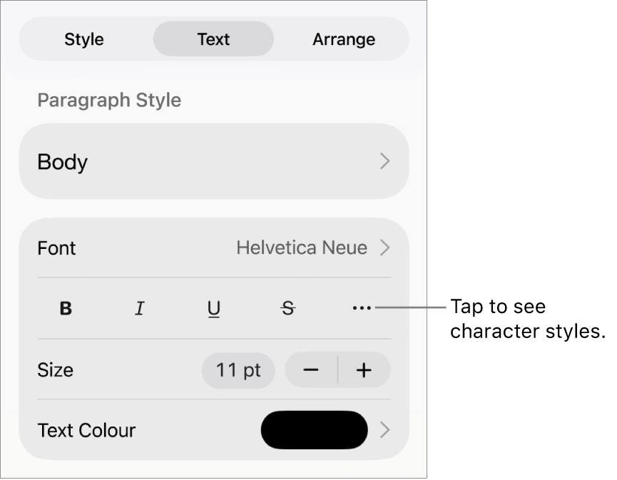 The Format controls with paragraph styles at the top, then Font controls. Below Font are the Bold, Italic, Underline, Strikethrough and More Text Options buttons.