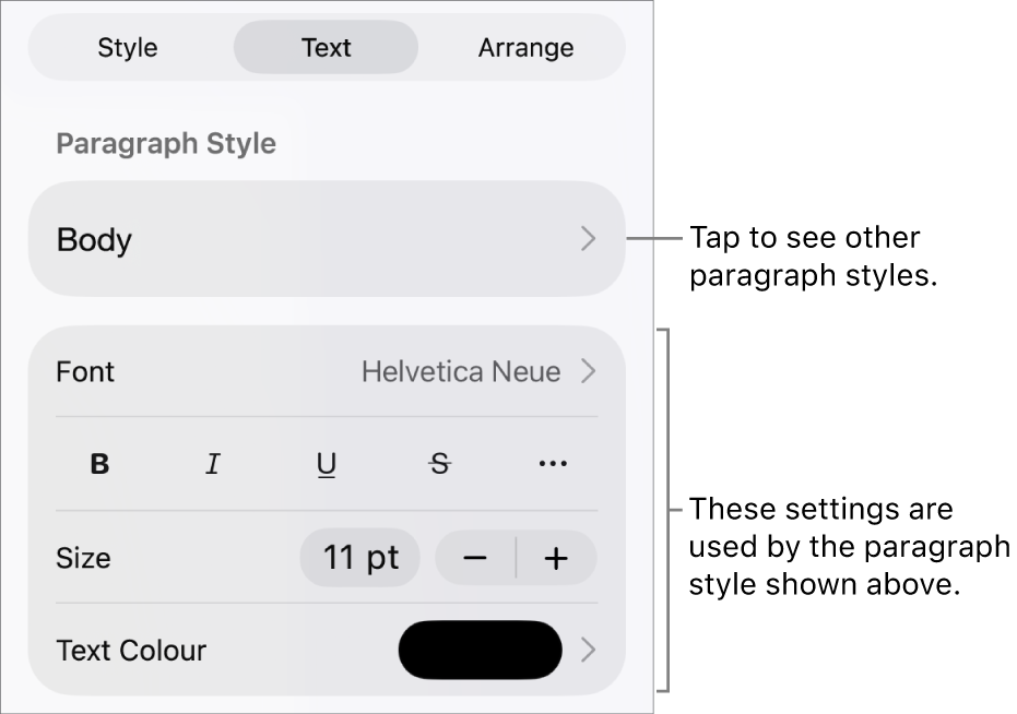 The Format menu showing text controls for setting paragraph and character styles, font, size and colour.