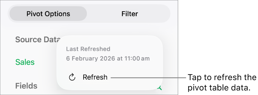 The Pivot Options menu showing the option to refresh the pivot table.