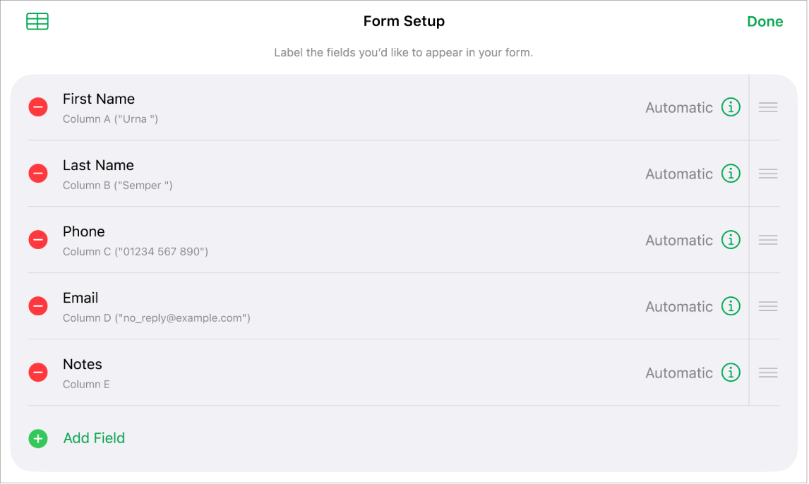 Form setup controls, showing options to add, edit, reorder and delete fields, as well as to change the format of fields (such as from Text to Percentage).