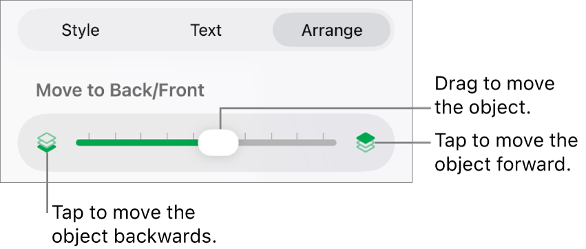 The Move Backward button, the Move Forward button and the layering slider.