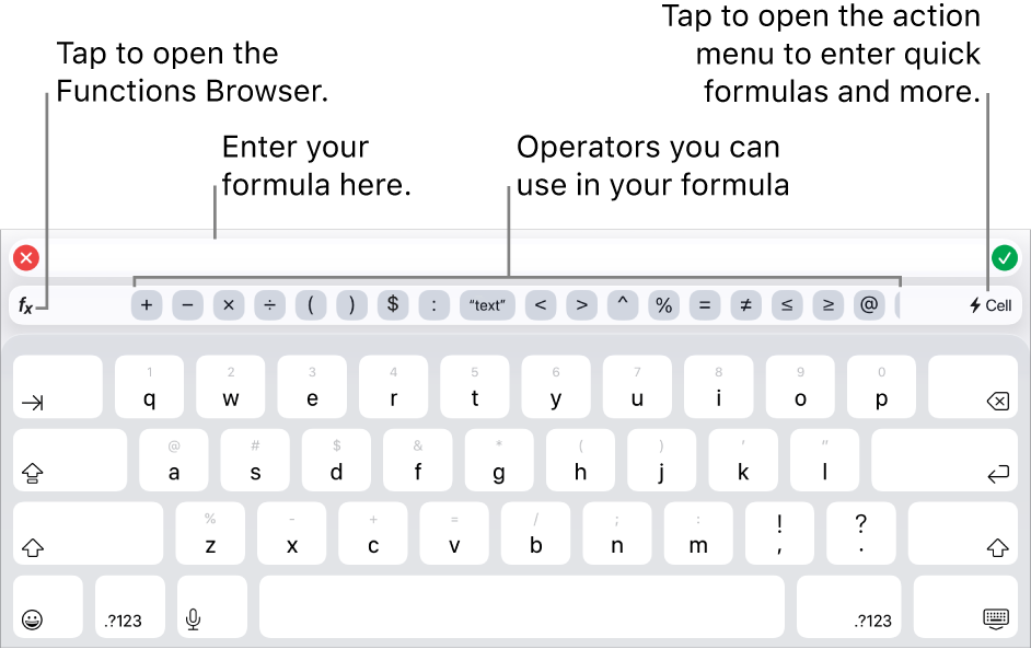 The formula keyboard, with the Formula Editor at the top and the operators used in formulas below it. The Functions button for opening the Functions Browser is to the left of the operators, and the Action menu button is to the right.