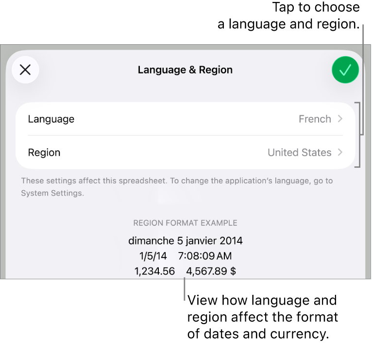 Language and Region pane with controls for language and region, and a format example including date, time, decimal and currency.