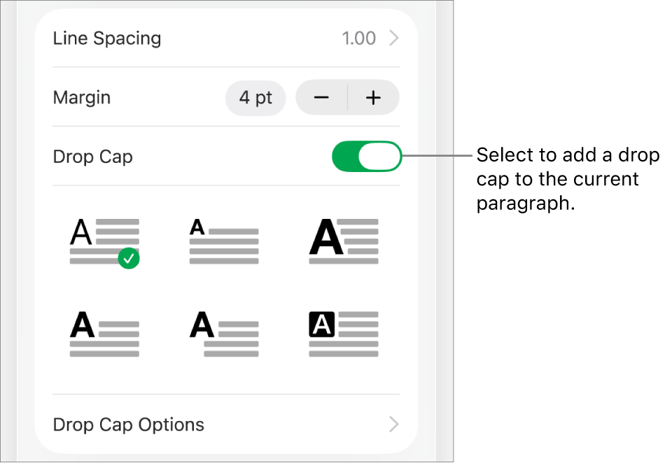 The Drop Cap controls located in the Text menu.