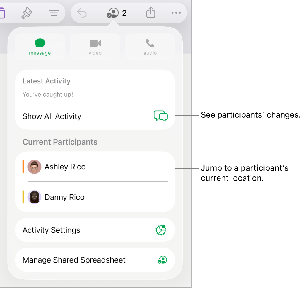 The collaboration menu with current participants listed.