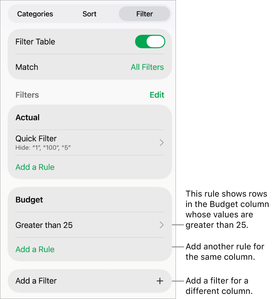 Controls for adding new filtering rules or editing existing ones.