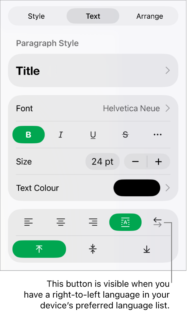 The Style section of the Format menu with a callout to the Right to Left button.