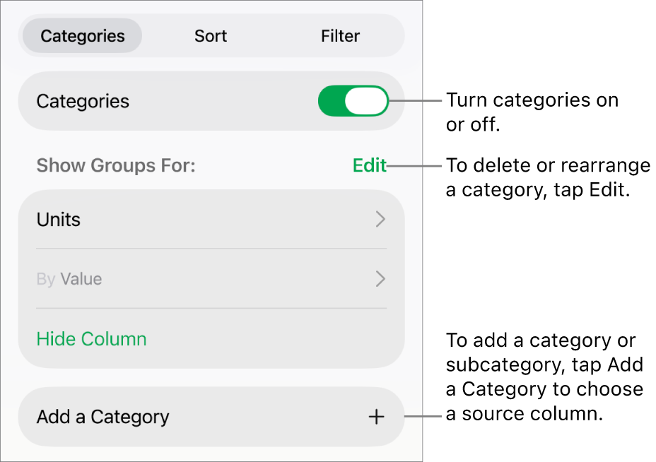 The Categories menu for iPad with options for turning categories off, deleting categories, regrouping data, hiding a source column and adding categories.