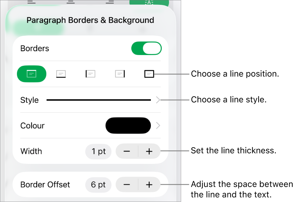Controls to change the line style, thickness, position and colour.