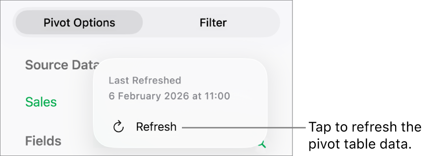 The Pivot Options menu showing the option to refresh the pivot table.