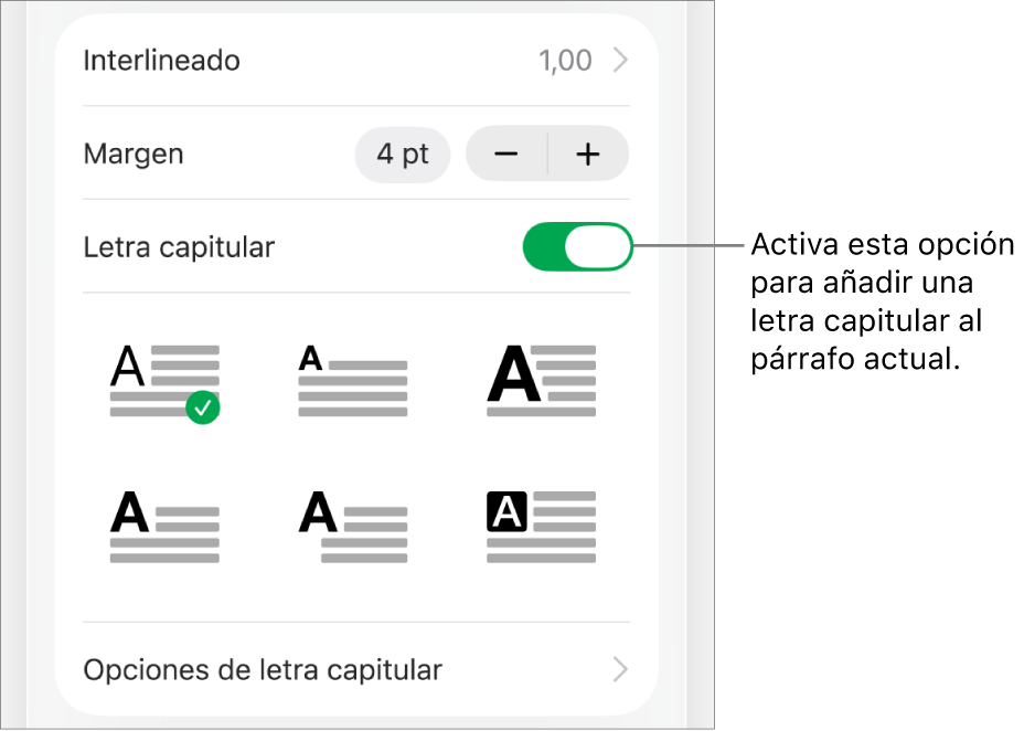 Los controles de “Letra capitular” situados en el menú Texto.