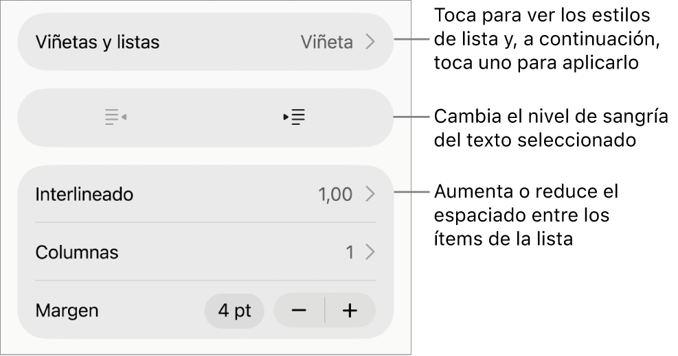 La sección “Viñetas/listas” de los controles de formato con llamadas a “Viñetas/listas”, los botones de sangría o de sangría izquierda, y los controles de interlineado.