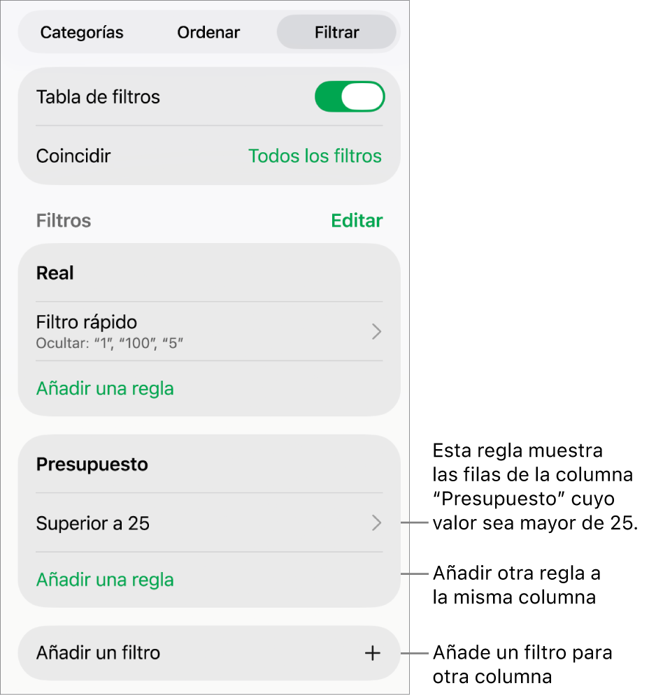 Controles para añadir reglas de filtro nuevas o editar las existentes.