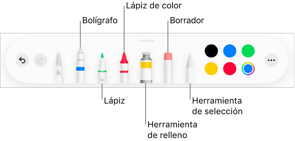 La barra de herramientas de dibujo con un bolígrafo, lápiz, lápiz de color, relleno, borrador, herramienta de selección y paleta de colores, que muestra el color actual. En el extremo derecho se encuentra el botón del menú Más.
