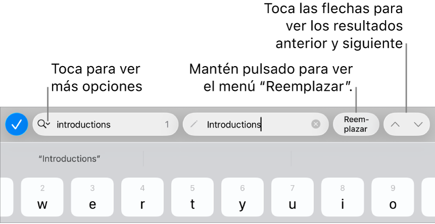 Los controles de “Buscar y reemplazar” en la parte superior del teclado con llamadas a los botones “Opciones de búsqueda”, Reemplazar, Arriba y Abajo.