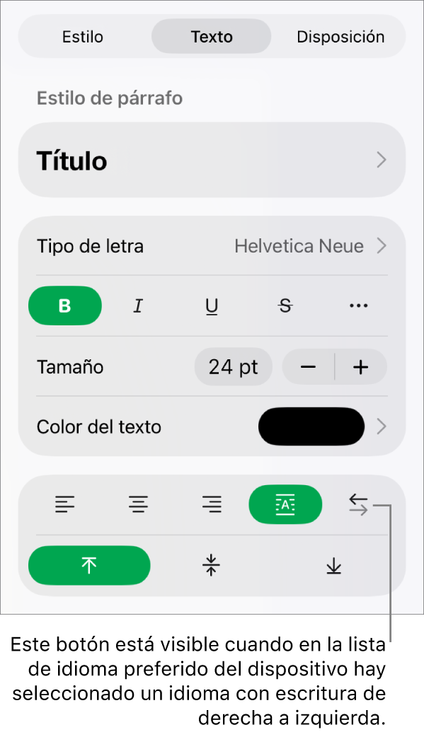 La sección Estilo del menú Formato con una llamada al botón “De derecha a izquierda”.