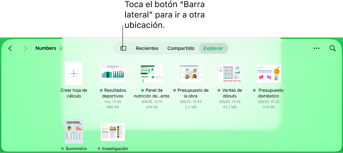 La vista de exploración del gestor de documentos con un enlace de ubicación en la esquina superior izquierda y, debajo, un campo de búsqueda. En la esquina superior derecha se encuentran el botón “Añadir hoja de cálculo”; el botón “Nueva carpeta”; un menú desplegable para usar la vista de lista o de iconos, y para filtrar por nombre, fecha, tamaño, tipo y etiqueta; y el botón Seleccionar. Debajo hay miniaturas de las hojas de cálculo existentes.