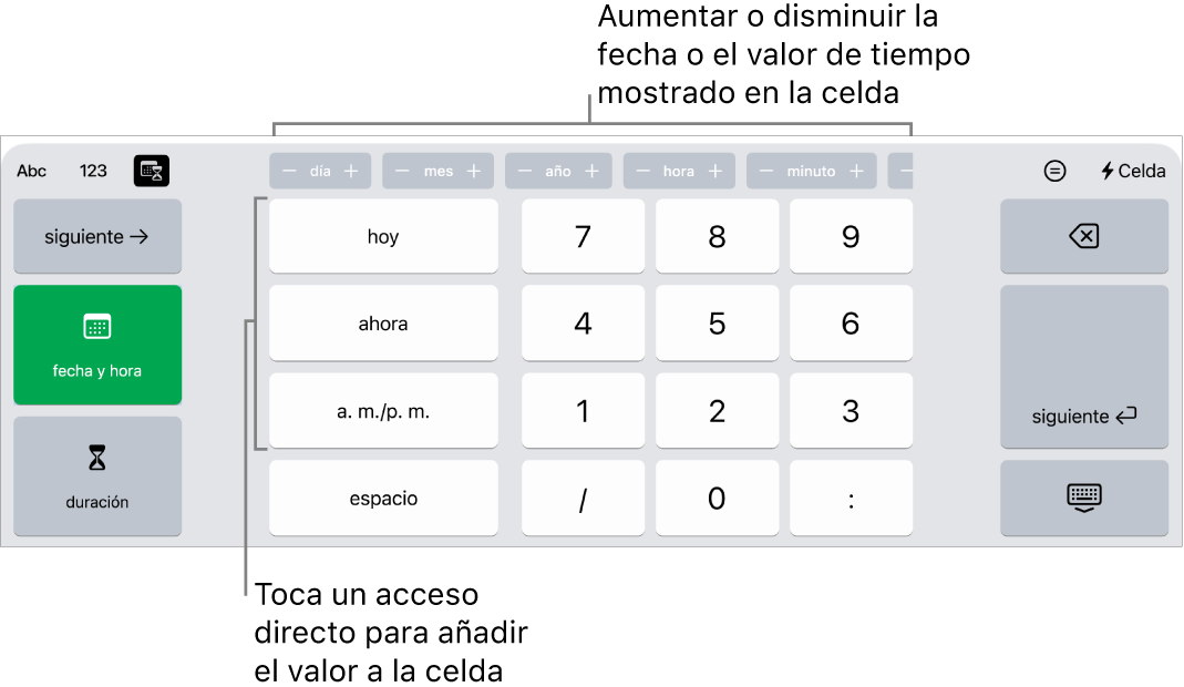 El teclado de fecha y hora. Los botones situados en la parte superior muestran unidades de tiempo (mes, día, año y hora) que puedes incrementar para cambiar el valor mostrado en la celda. Hay teclas en la izquierda para cambiar entre los teclados de fecha y hora, y duración, así como teclas numéricas en el centro del teclado.