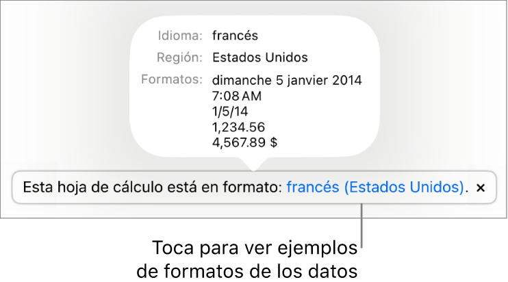 La notificación del ajuste de idioma y formato distinto, con ejemplos del formato en ese idioma y región.
