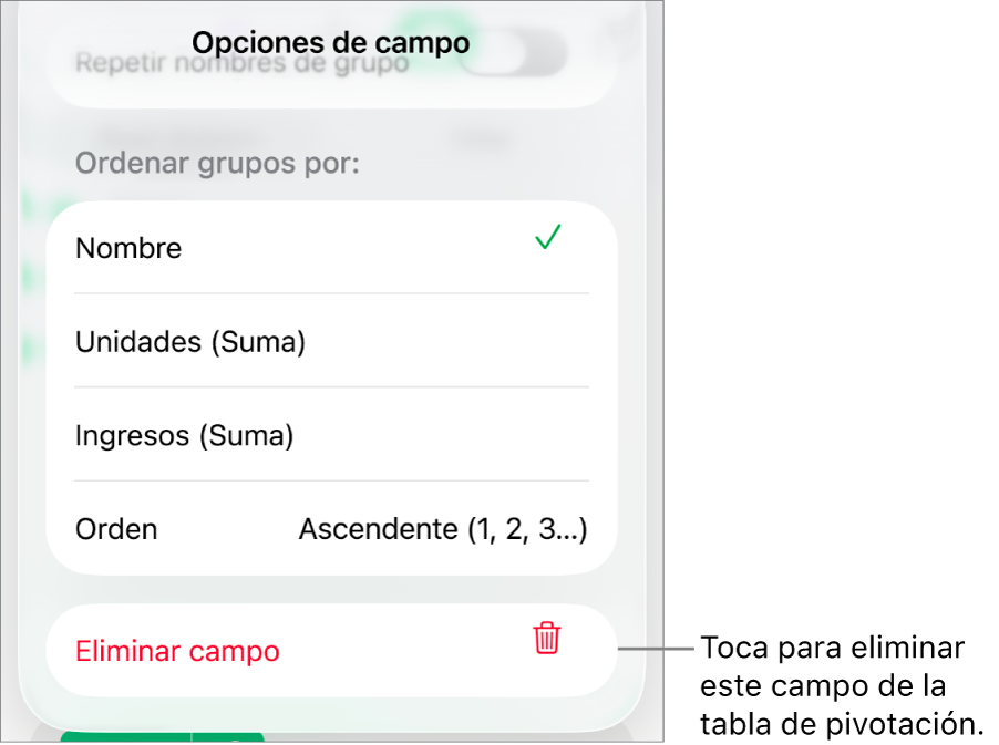 El menú Opciones de campo, que muestra los controles para agrupar y ordenar datos, así como la opción para eliminar un campo.