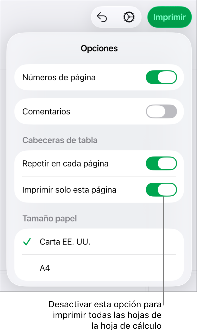El panel de vista previa de impresión, con controles para mostrar los números de página, repetir las cabeceras en cada página, cambiar el tamaño de papel y optar por imprimir toda la hoja de cálculo o solo la hoja actual.