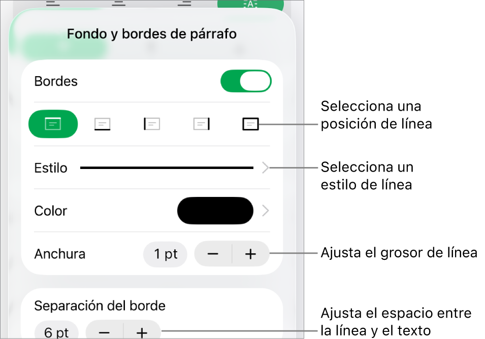 Controles para cambiar el estilo de línea, grosor, posición y color.