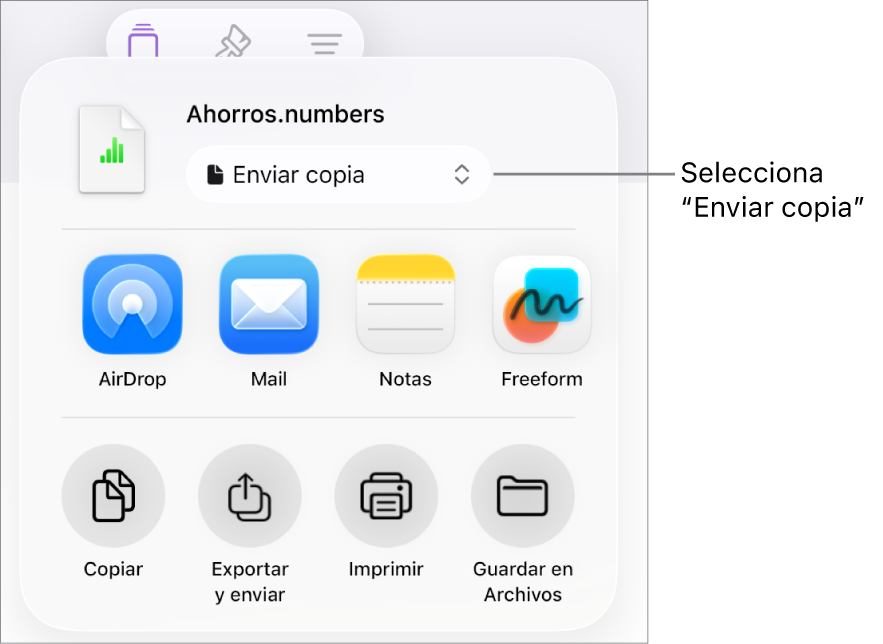 El menú Compartir con la opción “Enviar copia” seleccionada en la parte superior.