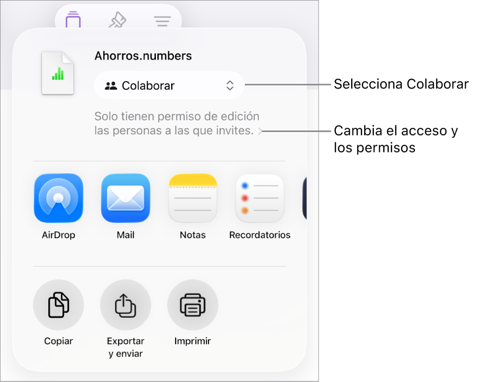 El menú Compartir con la opción Colaborar seleccionada en la parte superior y los ajustes de acceso y permisos debajo.