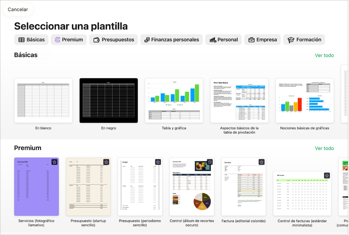 El selector de plantilla, mostrando una fila de categorías a lo largo de la parte superior en la que puedes tocar para filtrar las opciones. Debajo se encuentran las miniaturas de las plantillas prediseñadas ordenadas en filas por categoría.