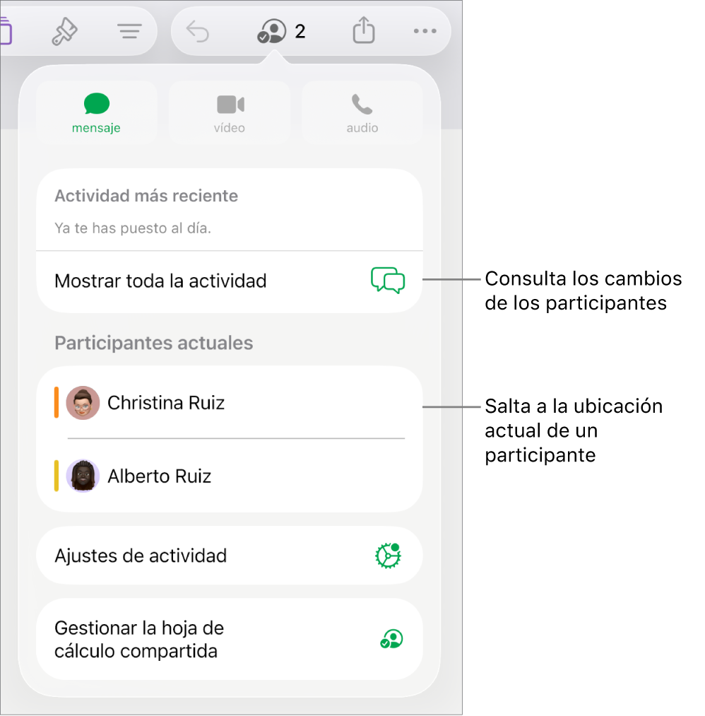 El menú de colaboración con los participantes actuales.