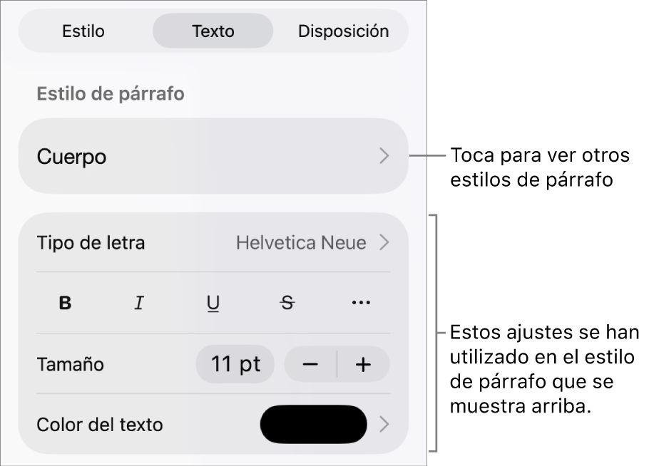 El menú Formato, que muestra controles de texto para configurar los estilos de párrafo y carácter, tipo de letra, tamaño y color.